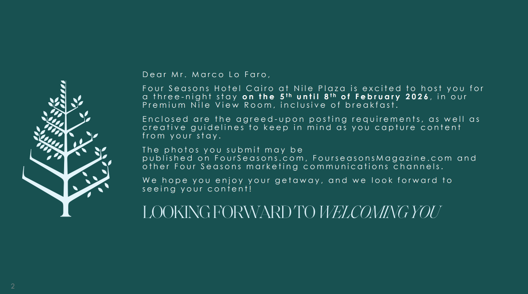 Four Seasons Cairo hosting letter