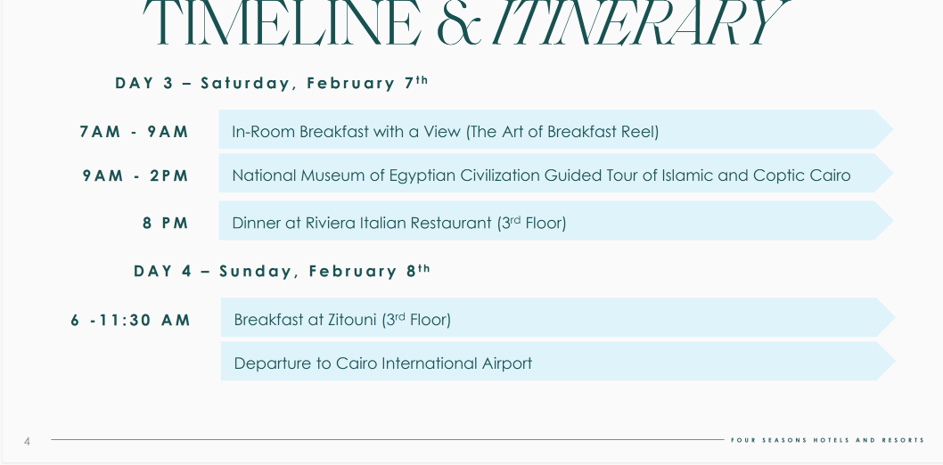 Four Seasons Cairo itinerary days three and four